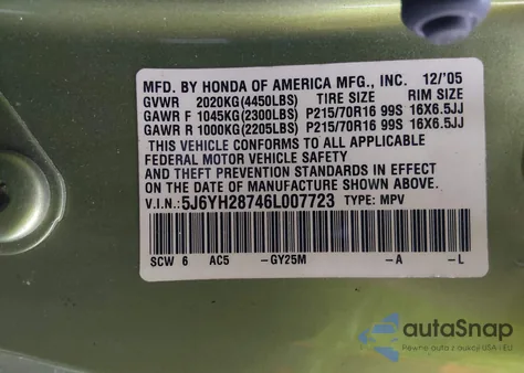 2006 Honda Element Ex-P z USA, uszkodzony, nr VIN 5J6YH28746L007723